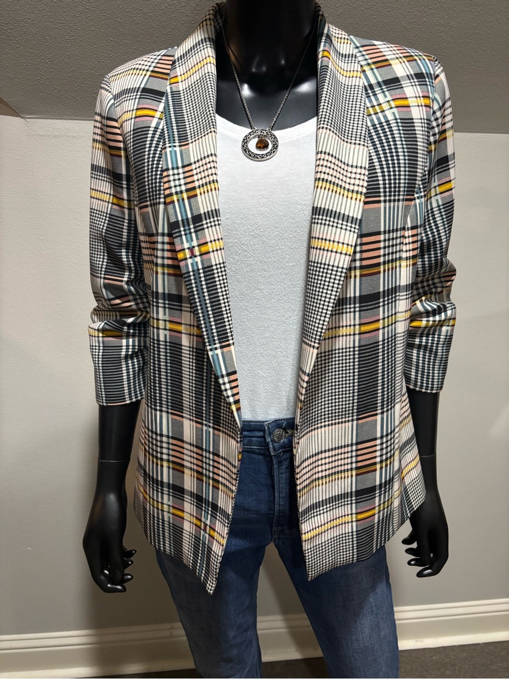 Jules & Leopold Blazer Jacket Womens small Plaid Ruched Sleeve Classic